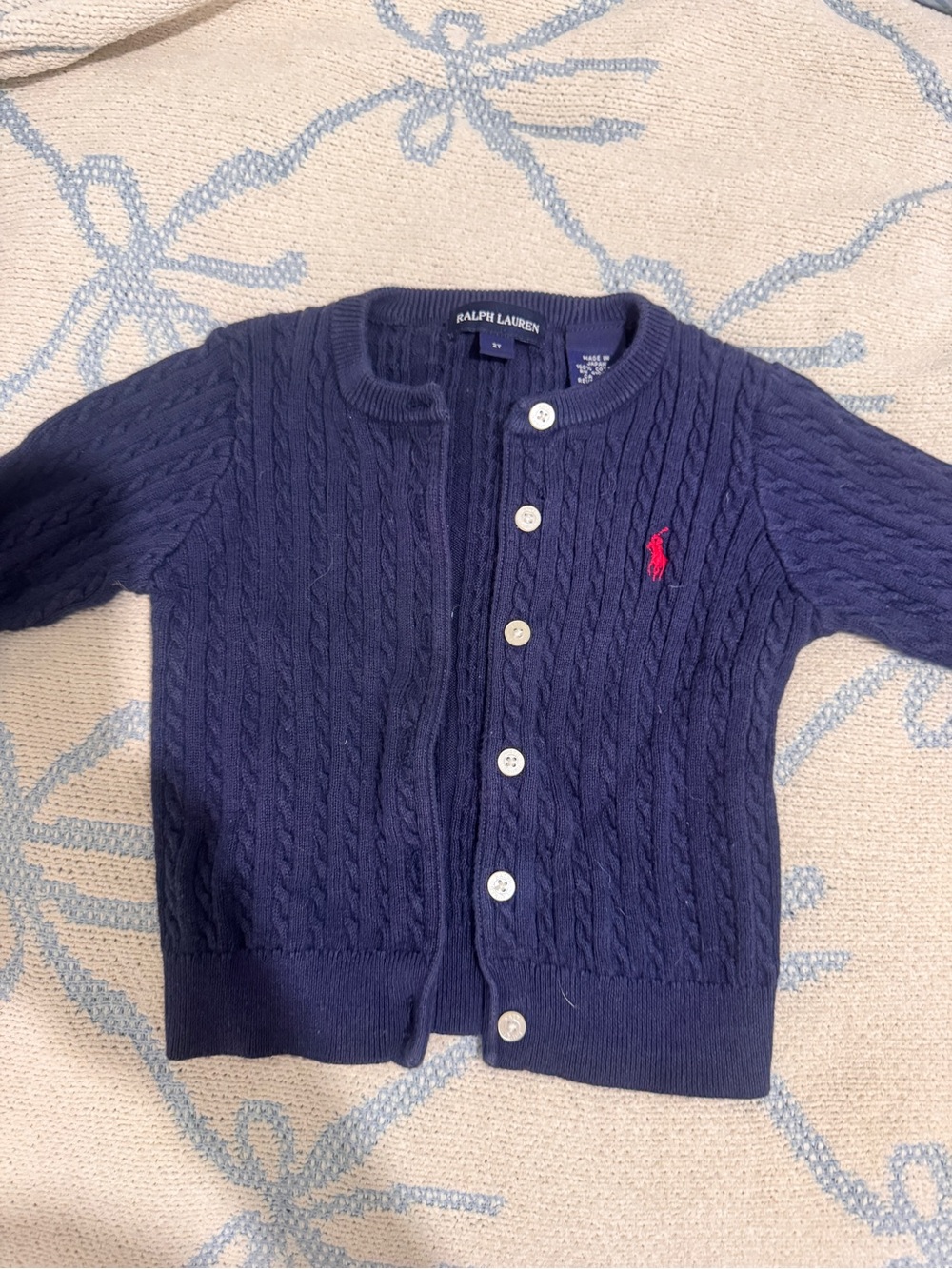 Ralph Lauren Navy Cable-Knit Cardigan with Red Pony
